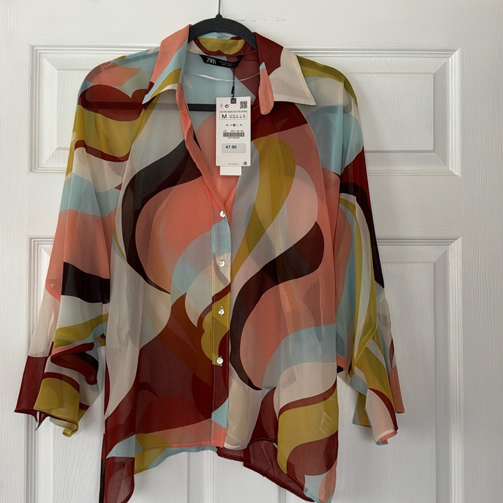 NWT ZARA Sheer, Multi-Colored Boho Blouse - Size Medium